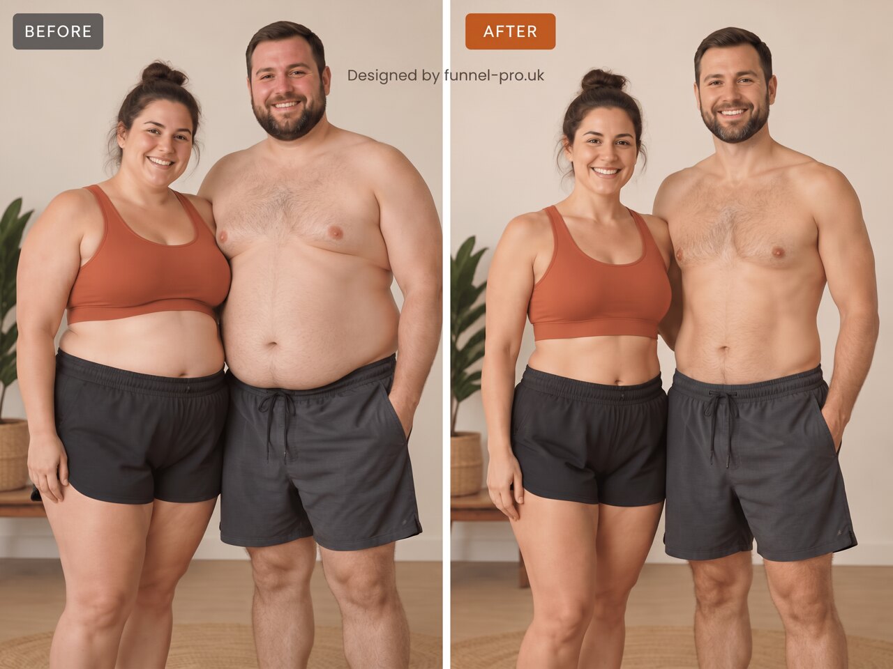 Before and after transformation of a couple, designed by funnel-pro.uk